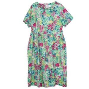 Vermont Country Store Floral Dress Size 1X Short Sleeves Midi Cottage Modest